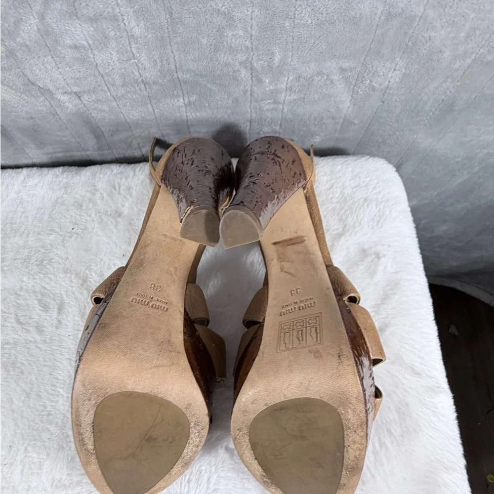 Miu Miu Tan Leather Strappy Cork Platform Heels Size 38 Made in Italy size 7.5